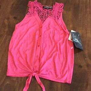 Pink lace embroidered, button up, tie front sleeveless top